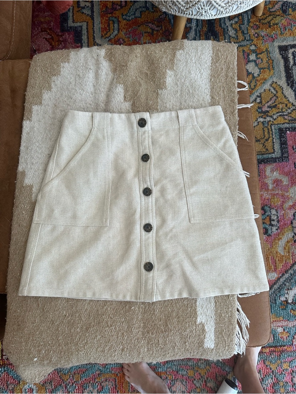 Button-Front Cream Linen A-Line Skirt